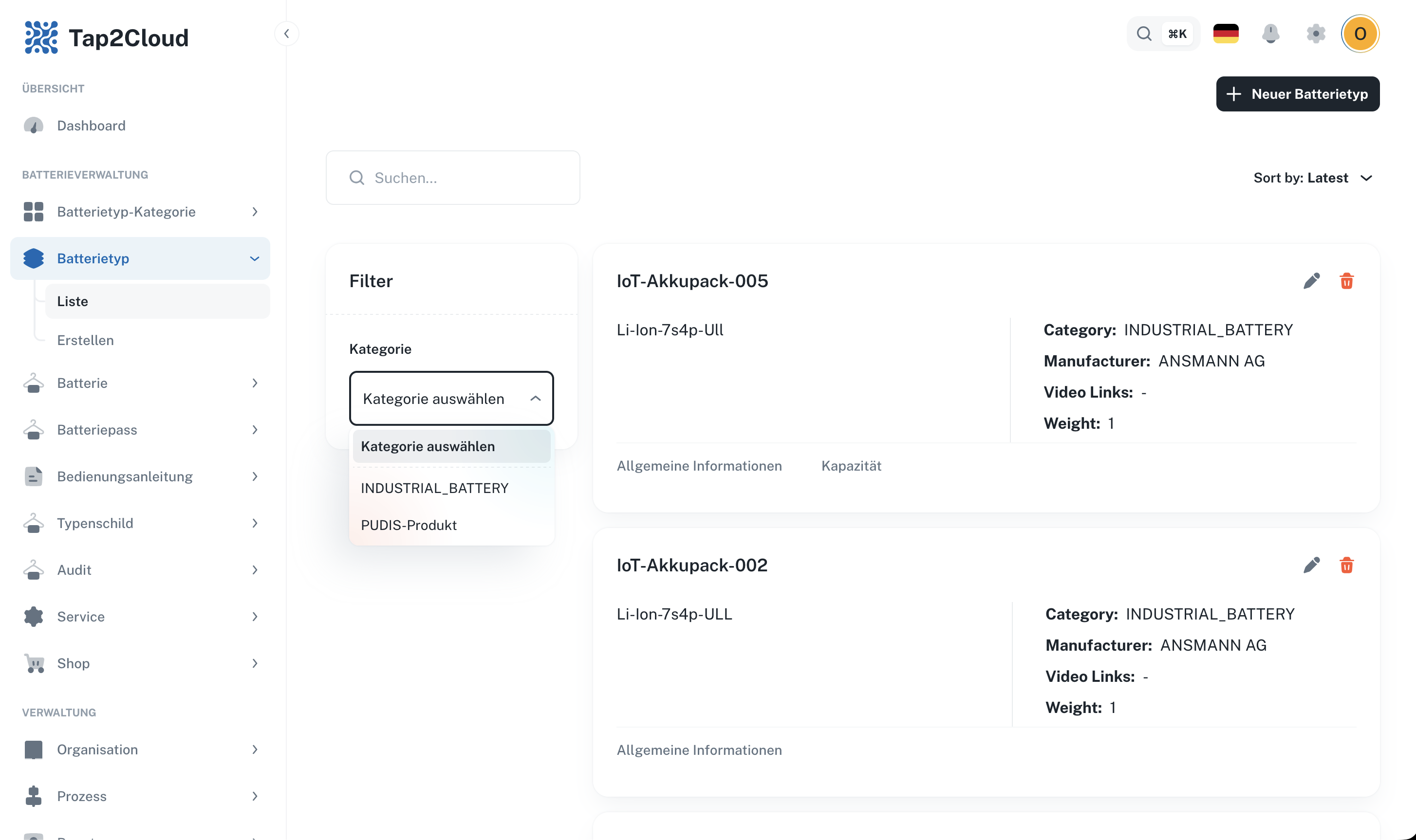 tap2.cloud battery type management list — ANSMANN AG IoT-Akkupack models with category, manufacturer, and specification data